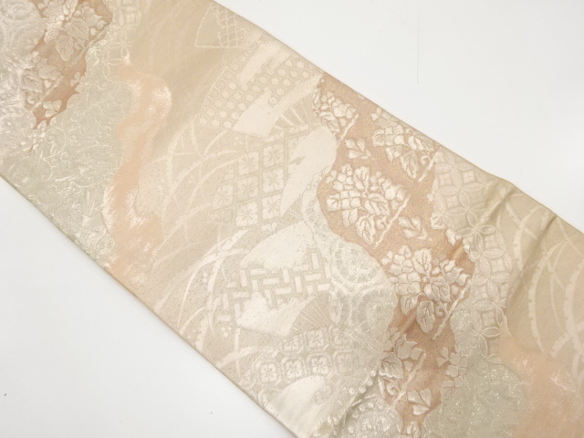 道長取りに扇・鳥・唐草・古典柄織り出し袋帯